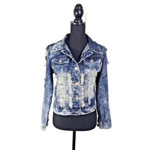 DAZL Distressed Denim Jacket Womens Large Blue Acid Wash Shredded Y2K Punk